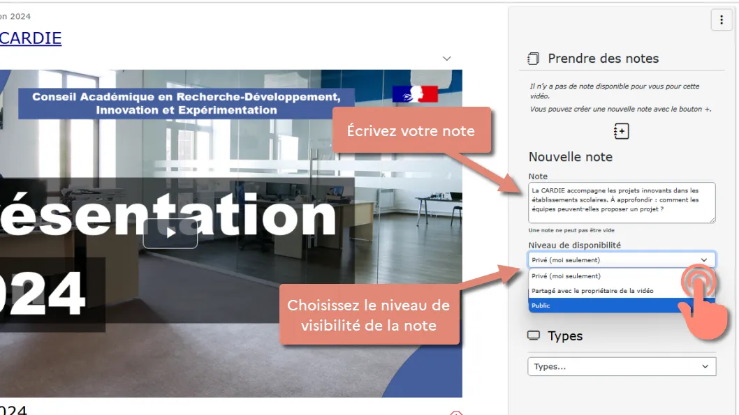 zone de saisie d’une note et options de disponibilité.