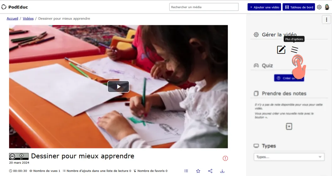 cliquer sur bouton plus d&rsquo;options dans gérer la vidéo.