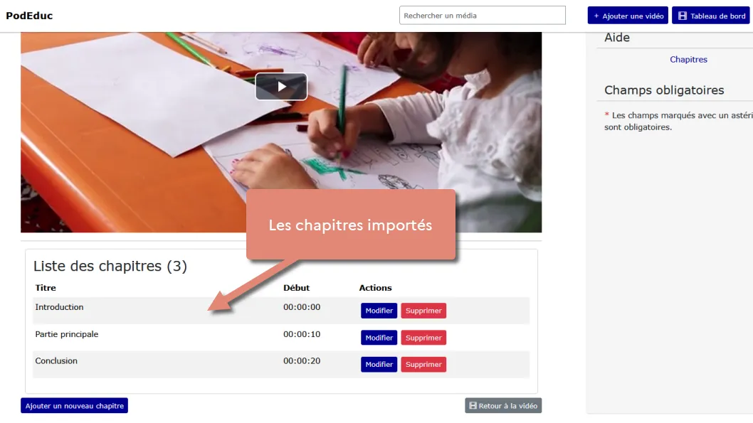 chapitres importés visibles dans la liste des chapitres.