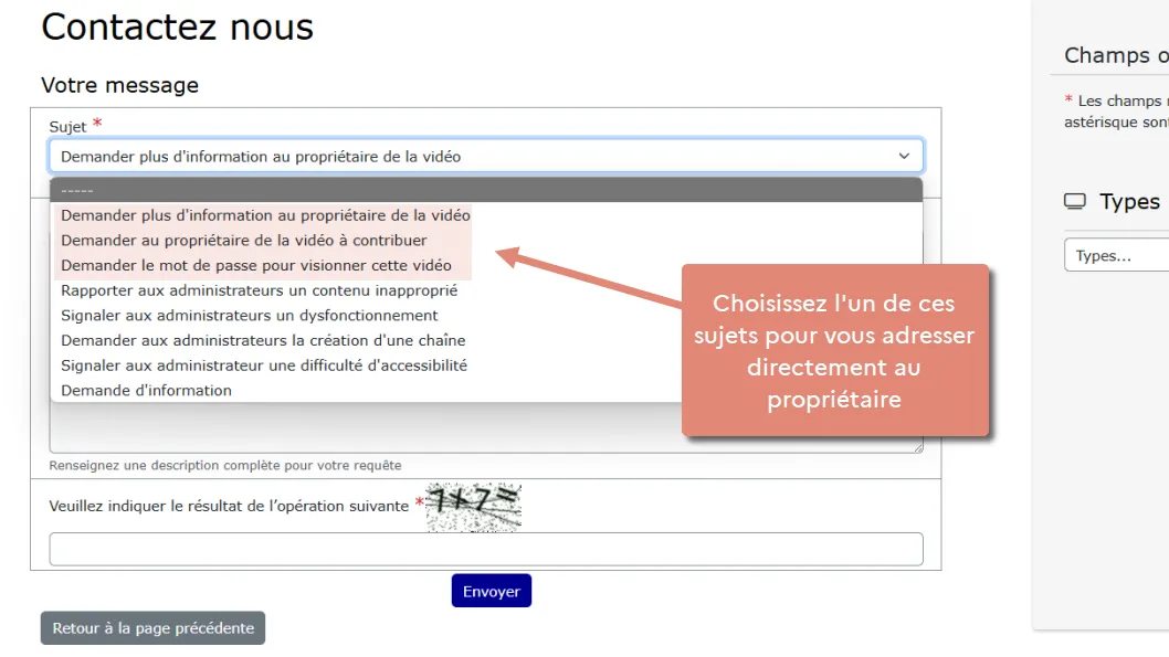 liste déroulante du champ Sujet avec les options adressées au propriétaire.