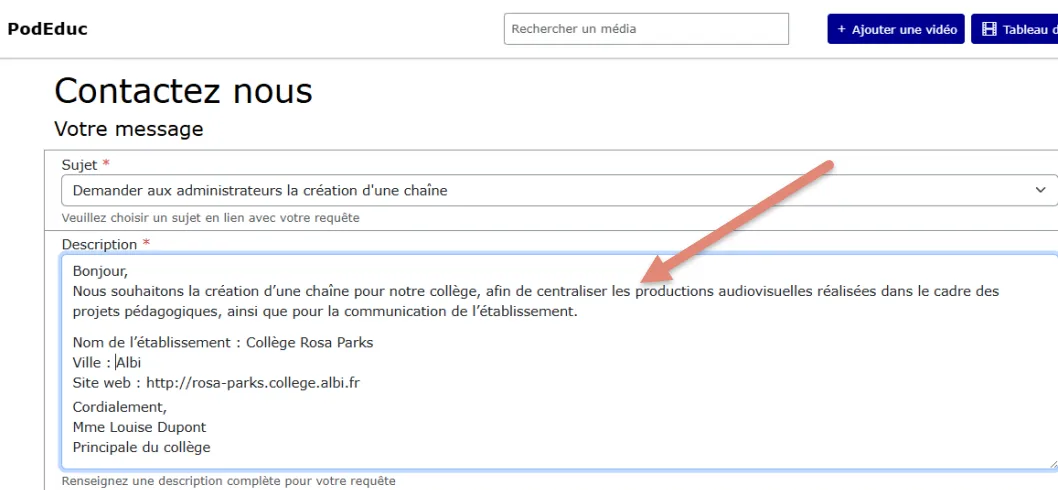 rédiger la demande de création de chaîne