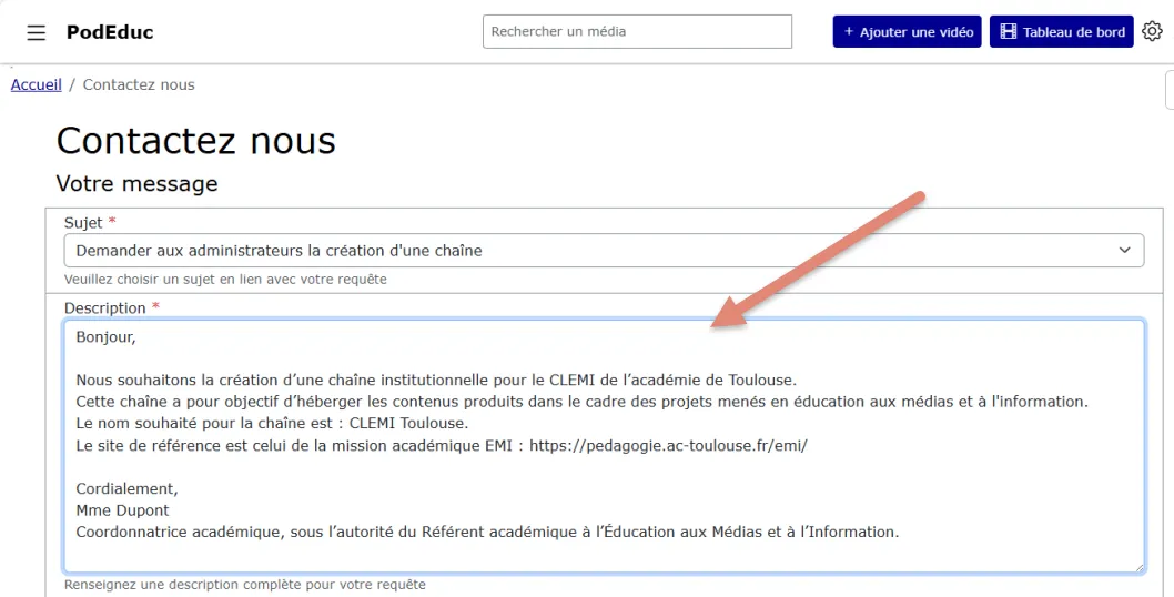 rédiger la demande de création de chaîne.