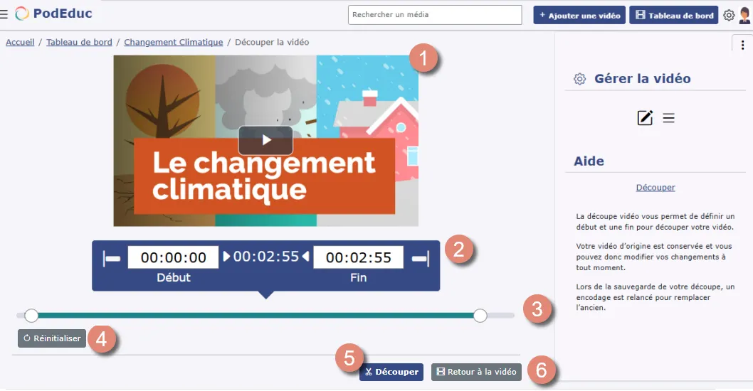 interface de découpe vidéo avec lecteur, timeline et champs Début et Fin