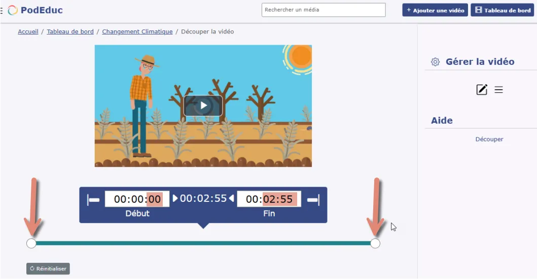 curseurs repositionnés sur toute la durée de la vidéo.