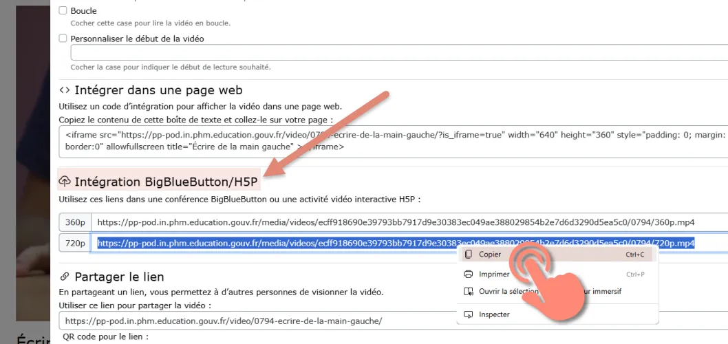copier le lien de la section intégration BigBlueButton H5P..
