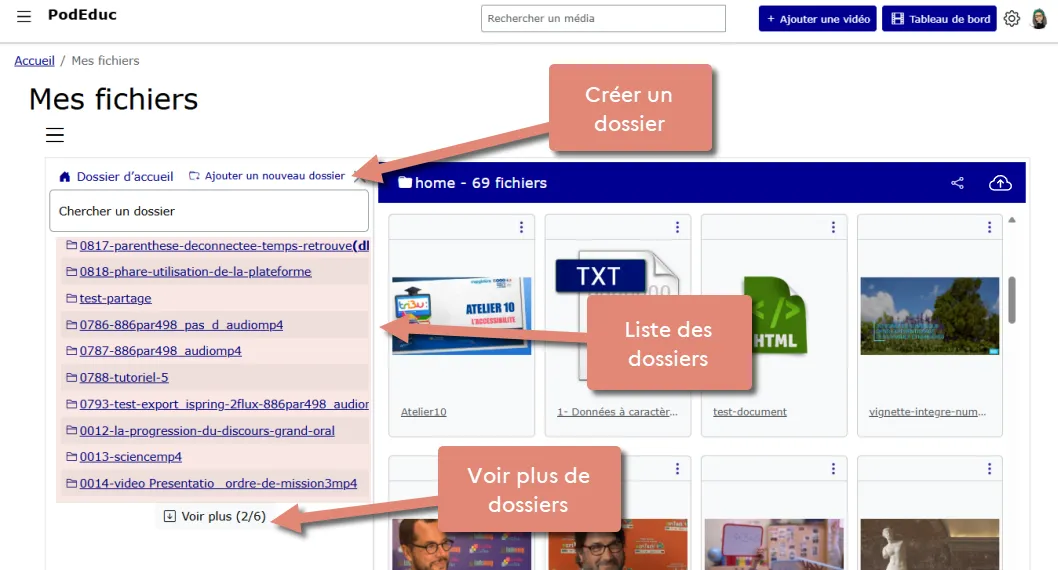 menu des dossiers avec recherche et ajout de dossier.