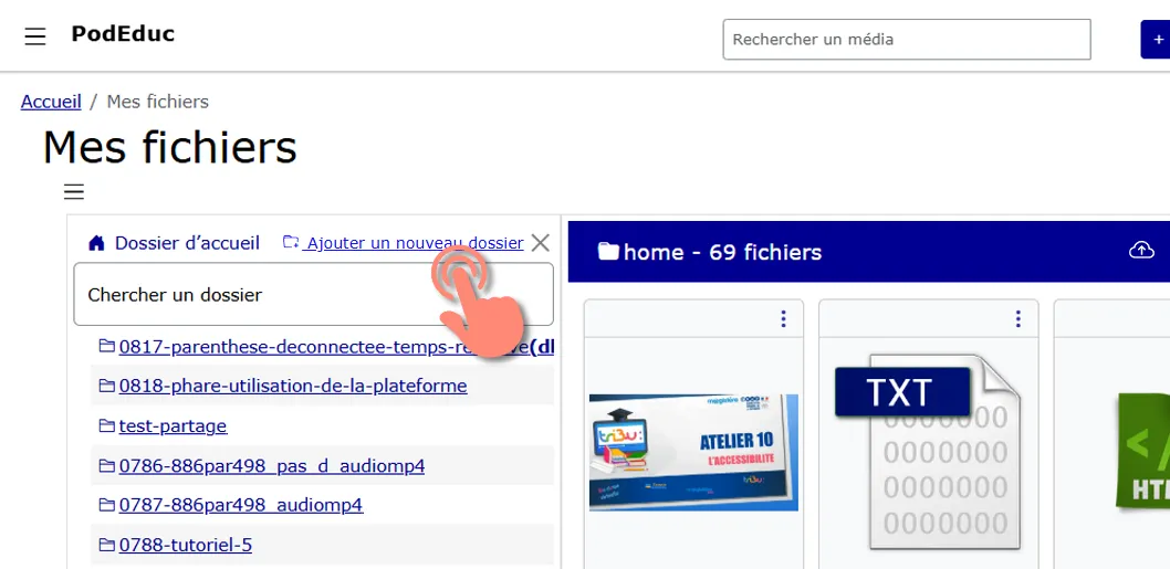 bouton &ldquo;Ajouter un nouveau dossier&rdquo; pour créer un dossier.