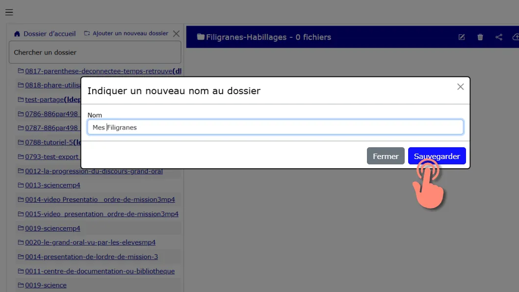 modification du nom du dossier avec bouton &ldquo;Sauvegarder&rdquo;.