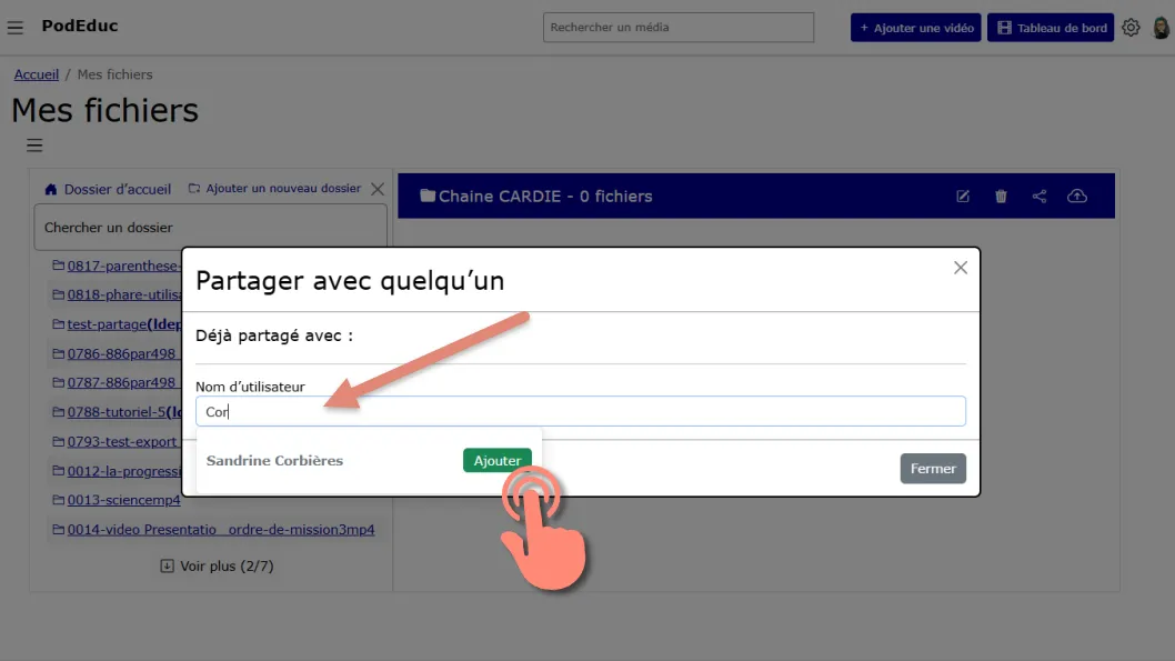 champ &ldquo;Nom d’utilisateur&rdquo; et bouton &ldquo;Ajouter&rdquo; pour partager un dossier.