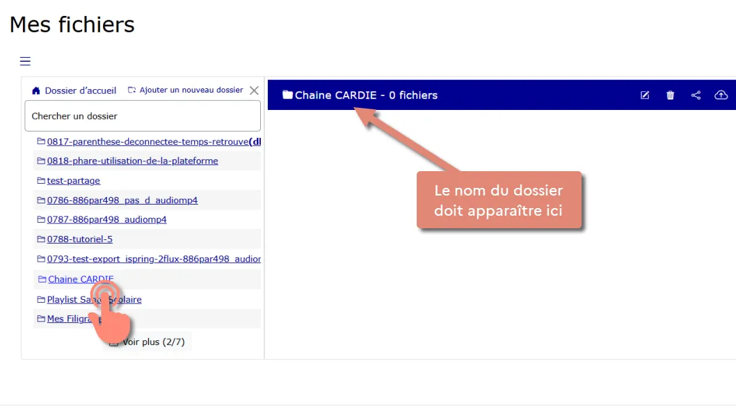 sélection d’un dossier dans le menu de gauche avec son nom affiché dans l’en-tête.