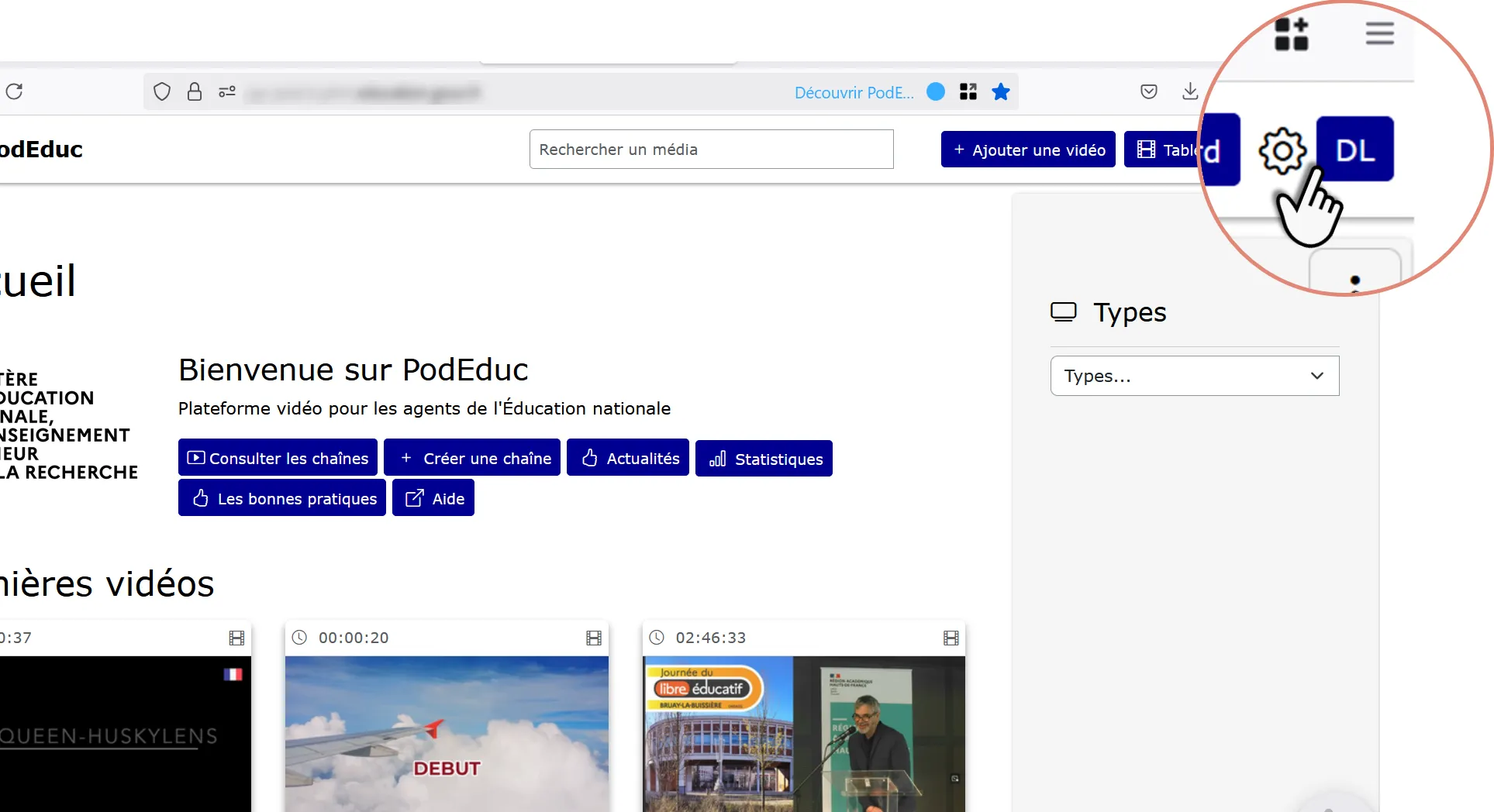 page d&rsquo;accueil : zoom sur accès au profil.