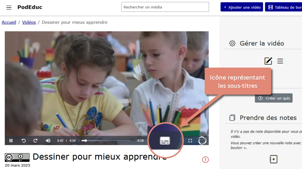 cliquer sur l&rsquo;icône sous-titres dans la barre de lecture .