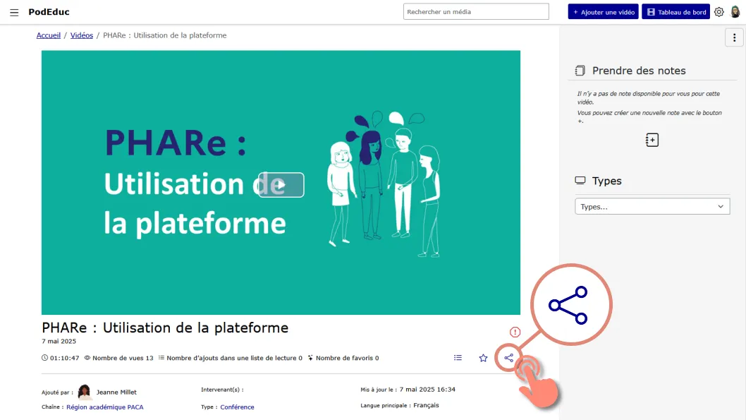 bouton de partage sous le lecteur de la vidéo.