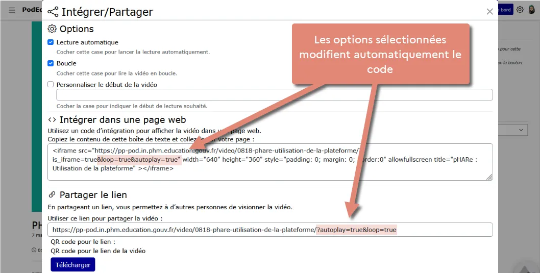 options à cocher avant de copier le code ou le lien.
