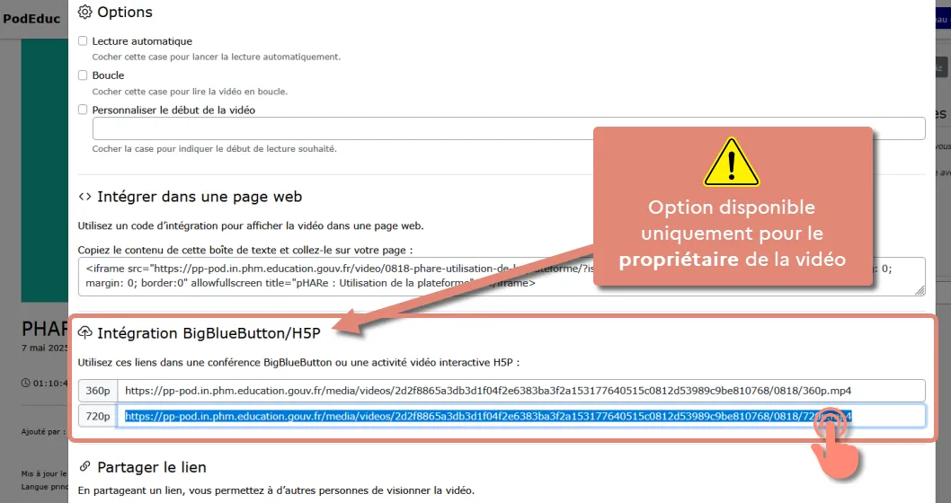 copier le lien BigBlueButton / H5P.