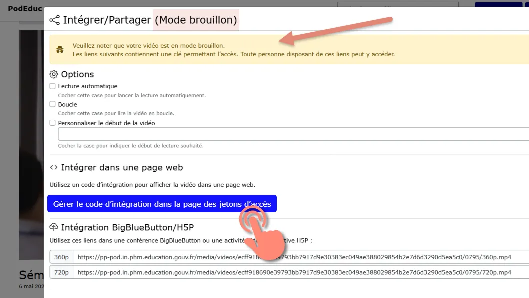 accéder à la gestion du code d’intégration via les jetons.