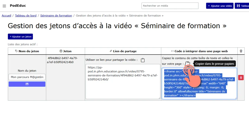 copier le code d’intégration du jeton.