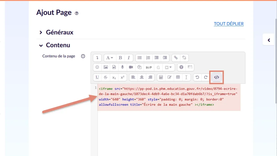 coller le code d’intégration dans le code source.