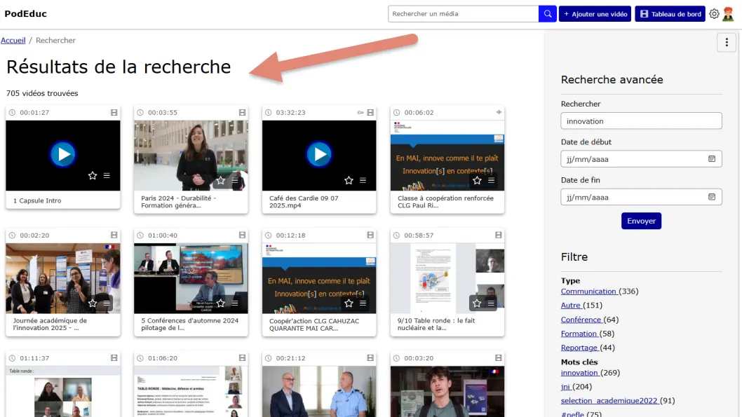 résultats d&rsquo;une recherche.