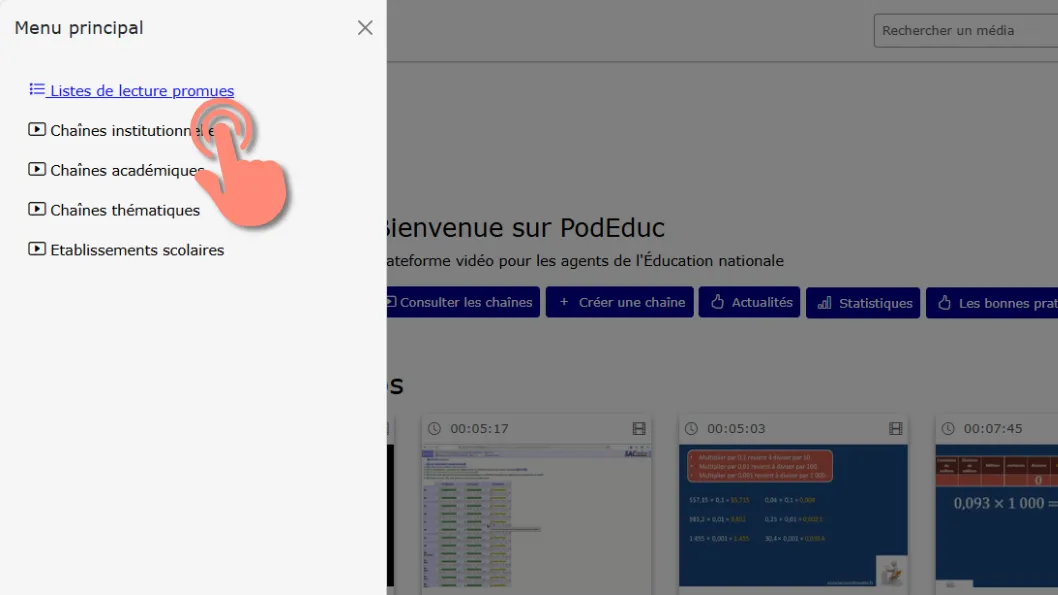 menu principal avec l’option listes de lecture promues.
