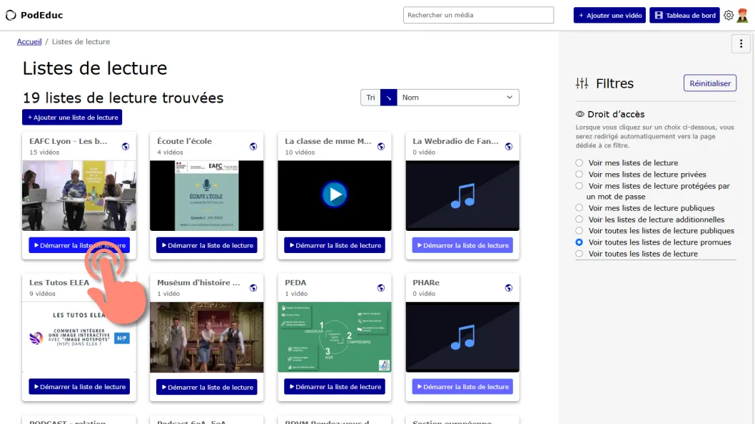 page des listes de lecture promue et boutons de démarrage.