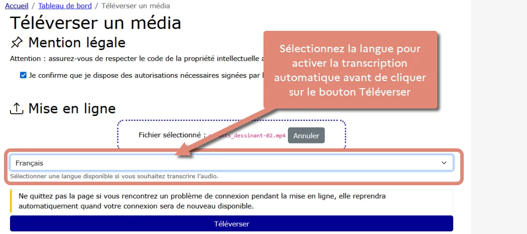 activation de  la transcription automatique au moment d&rsquo;ajouter un fichier.