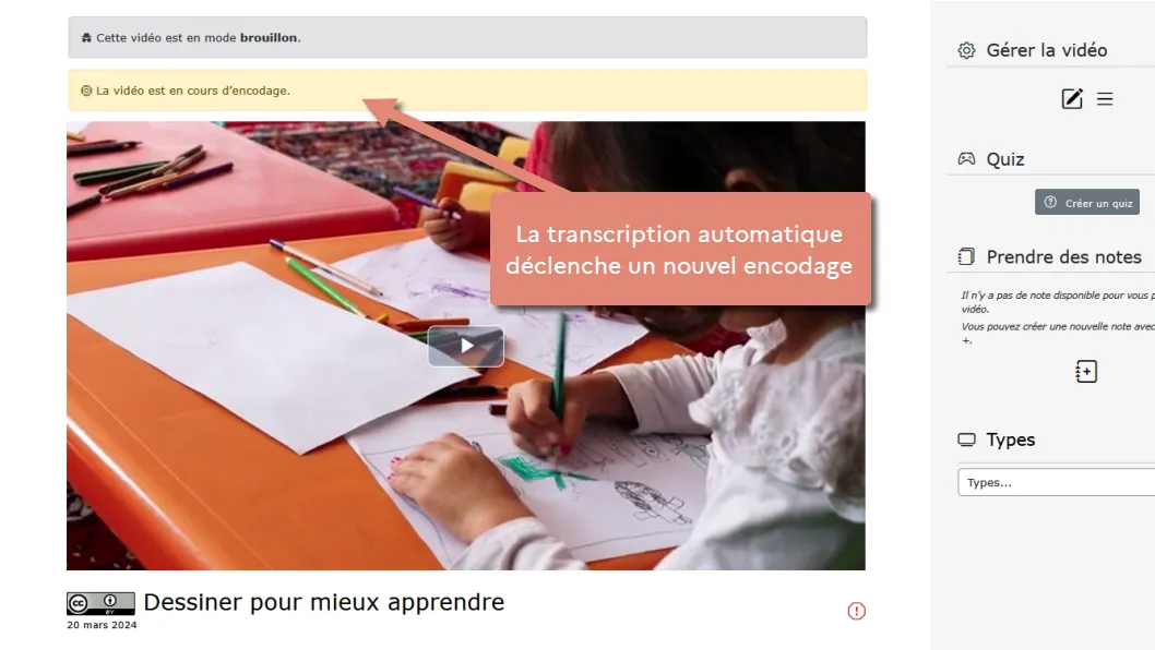 affichage du message d&rsquo;encodage pour la transcription.