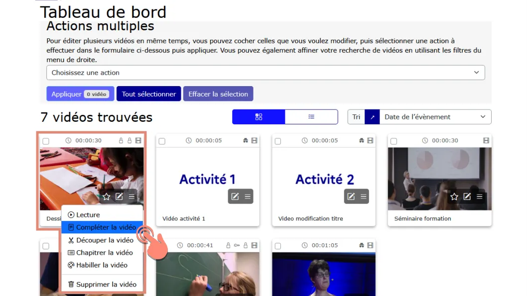 cliquer sur le bouton compléter la vidéo qui s&rsquo;affiche sur la vignette de la vidéo.