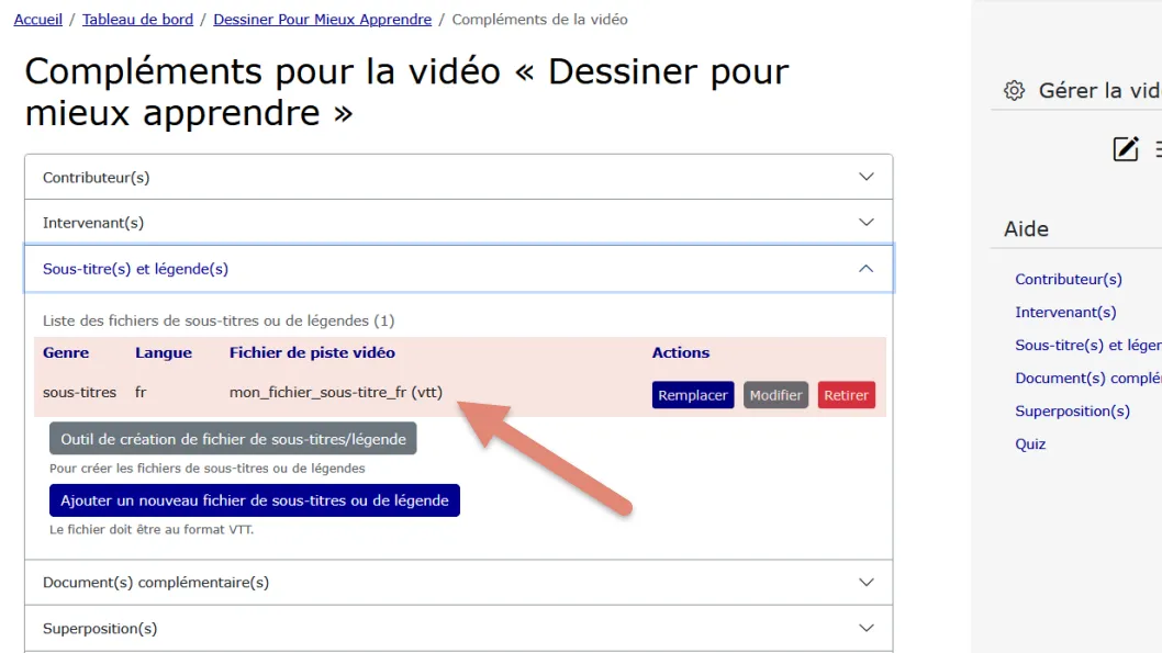 le fichier est ajouté à la liste des fichiers de sous-titres et légendes.