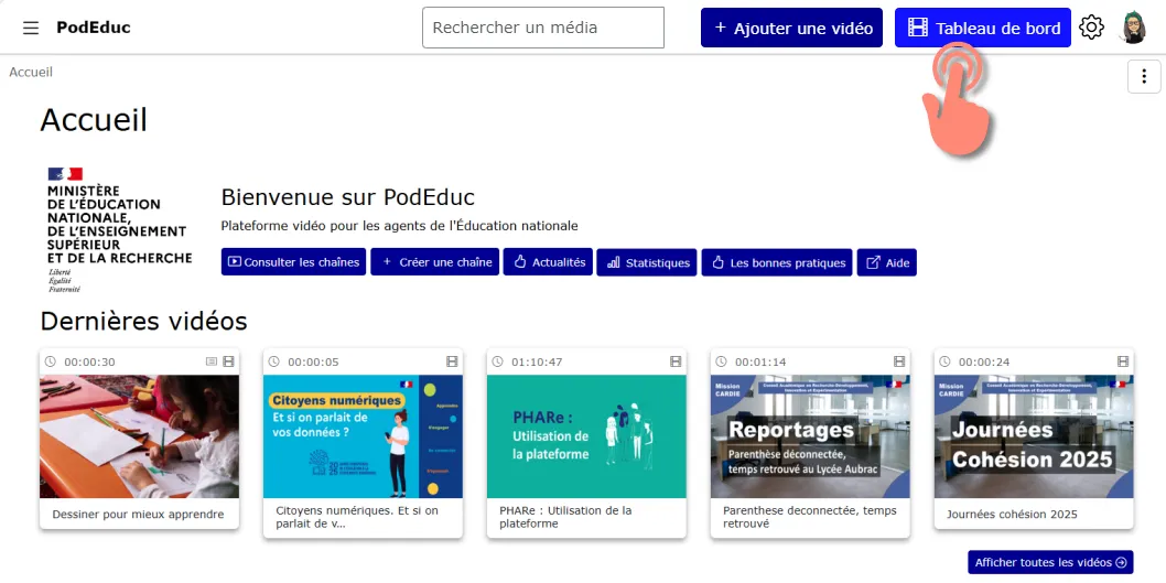 bouton d&rsquo;accès au tableau de bord.