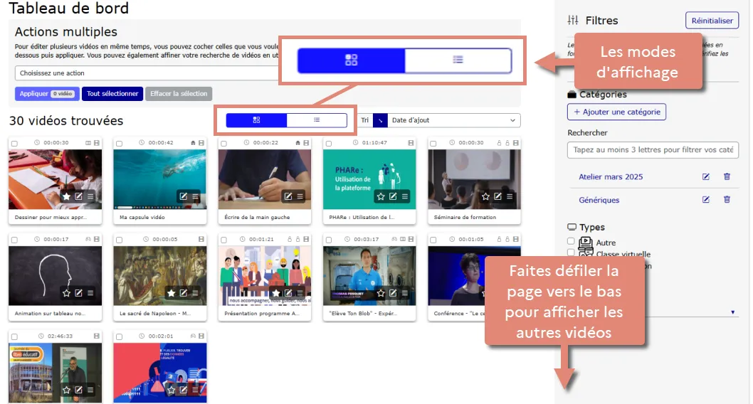 modes d&rsquo;afficher les vidéos.