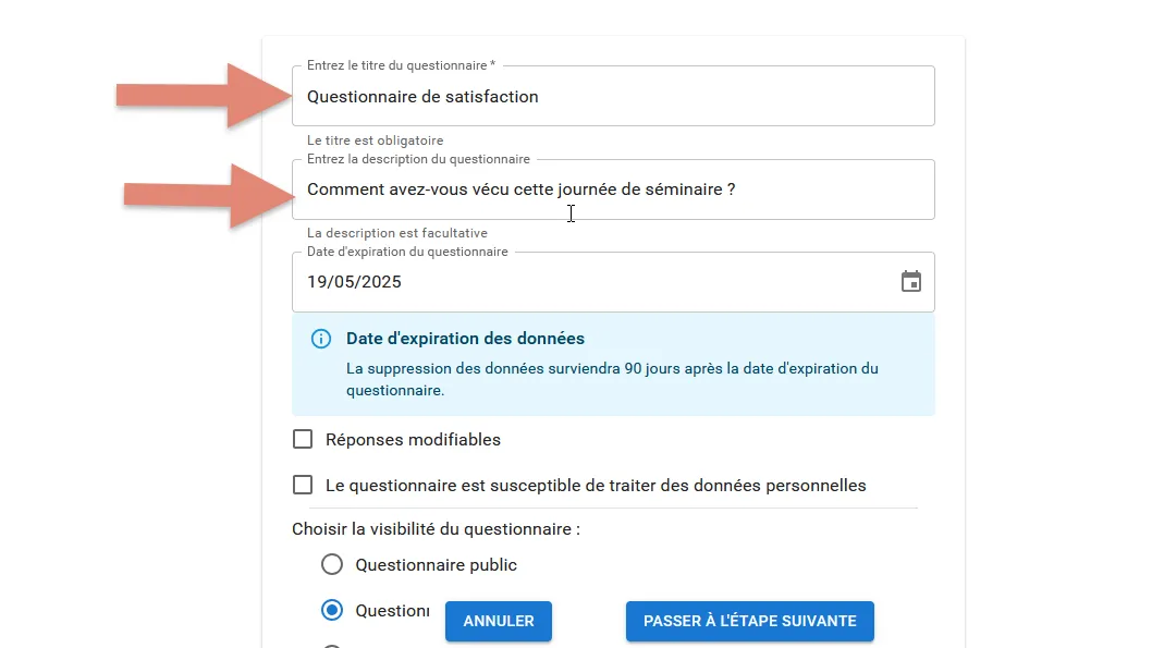 saisie des données générales relatives au questionnaire