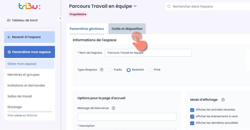 onglet outils et disposition dans les paramètres de l’espace