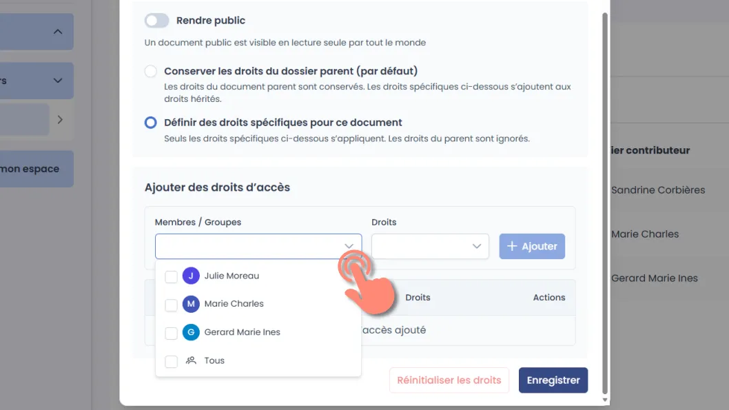 liste déroulante des membres et groupes