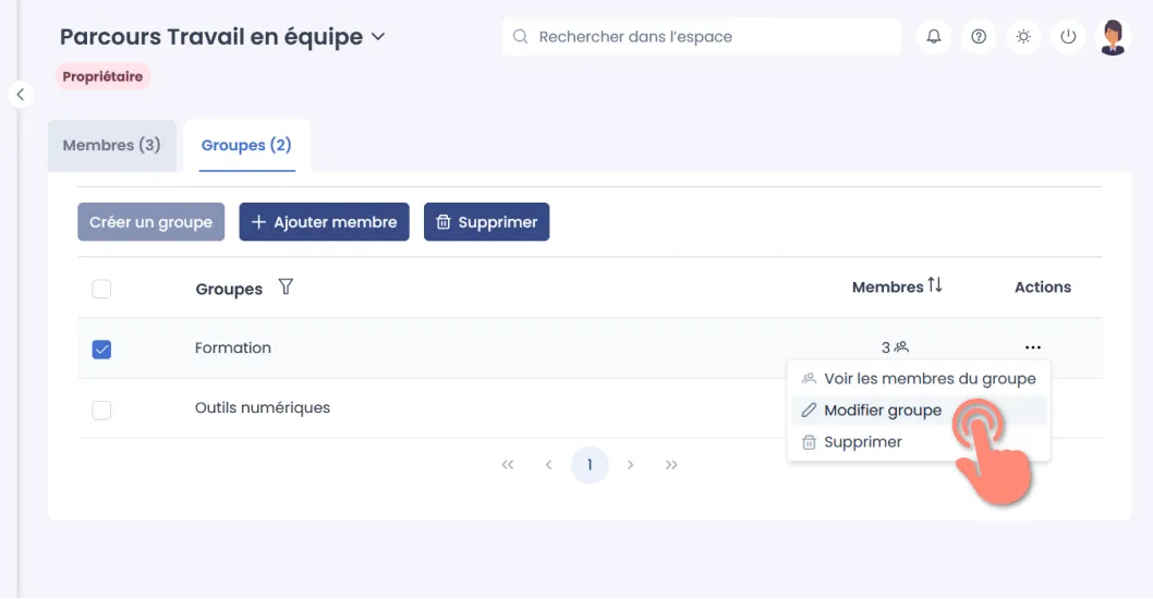sélection et options de gestion du groupe