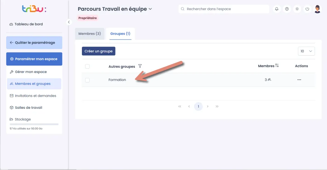 groupe créé dans la liste.