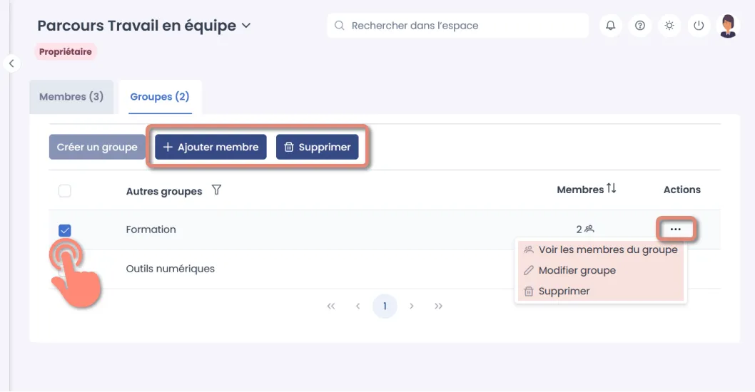 options de gestion d’un groupe.
