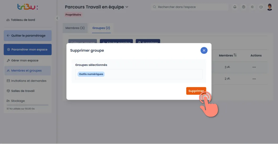 confirmation de la suppression du groupe.