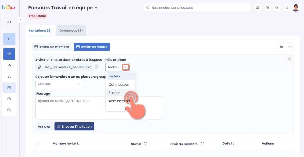 choix du rôle des invités en masse.