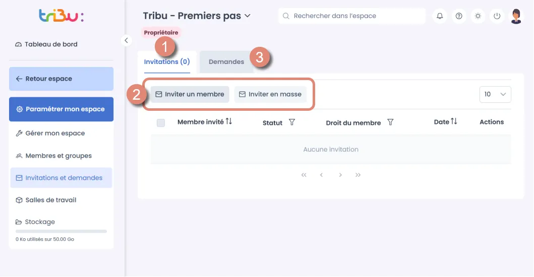 onglets invitations et demandes.