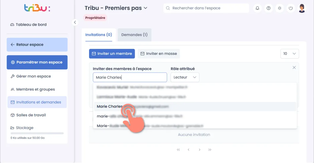 sélection d’un membre à inviter.