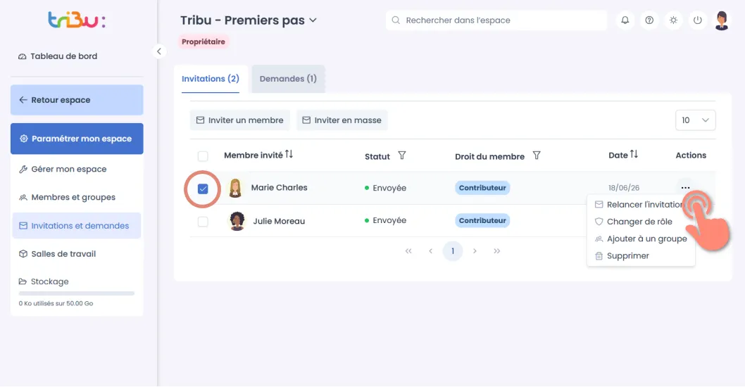 liste des invitations envoyées.