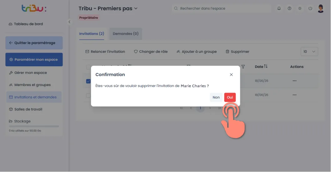 confirmation de suppression d’une invitation.