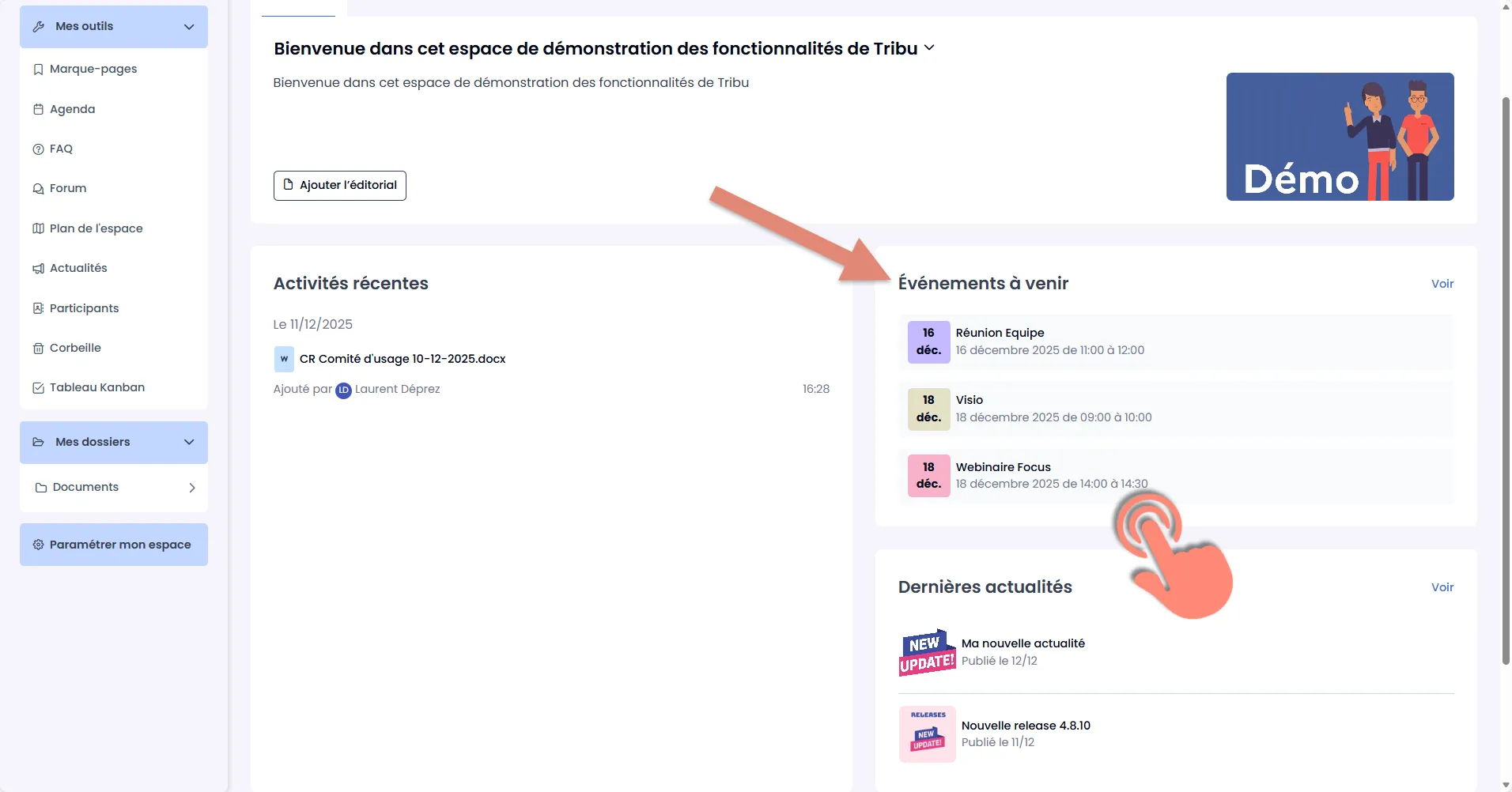 accès aux prochains évènements depuis le bloc d&rsquo;accueil