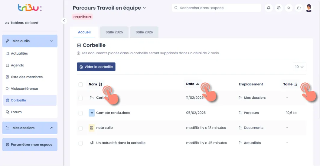 liste des éléments présents dans la corbeille