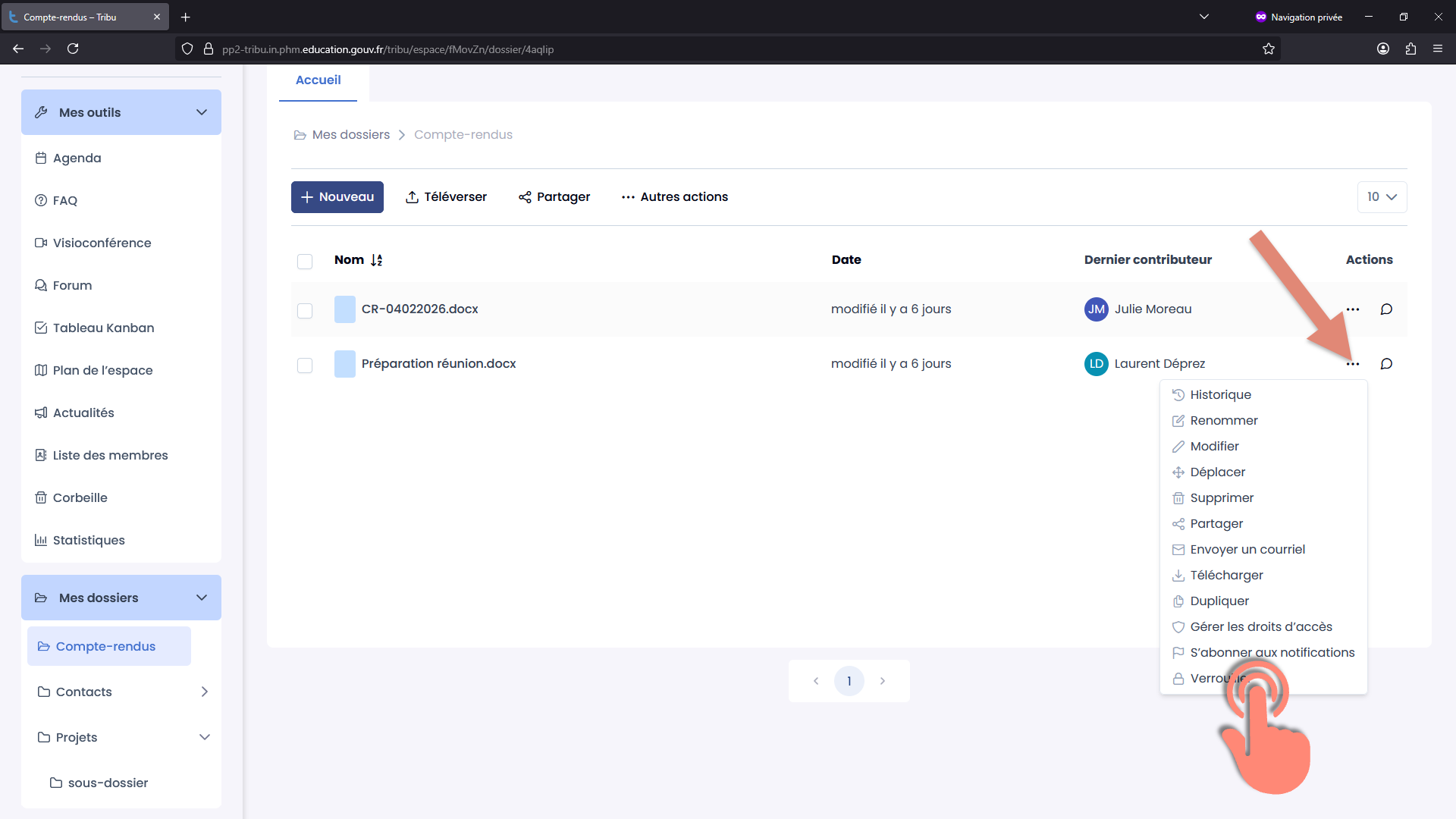 clic sur menu actions