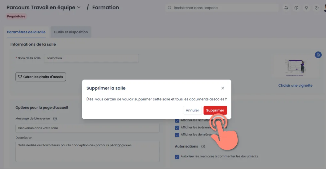 confirmation de la suppression de la salle.