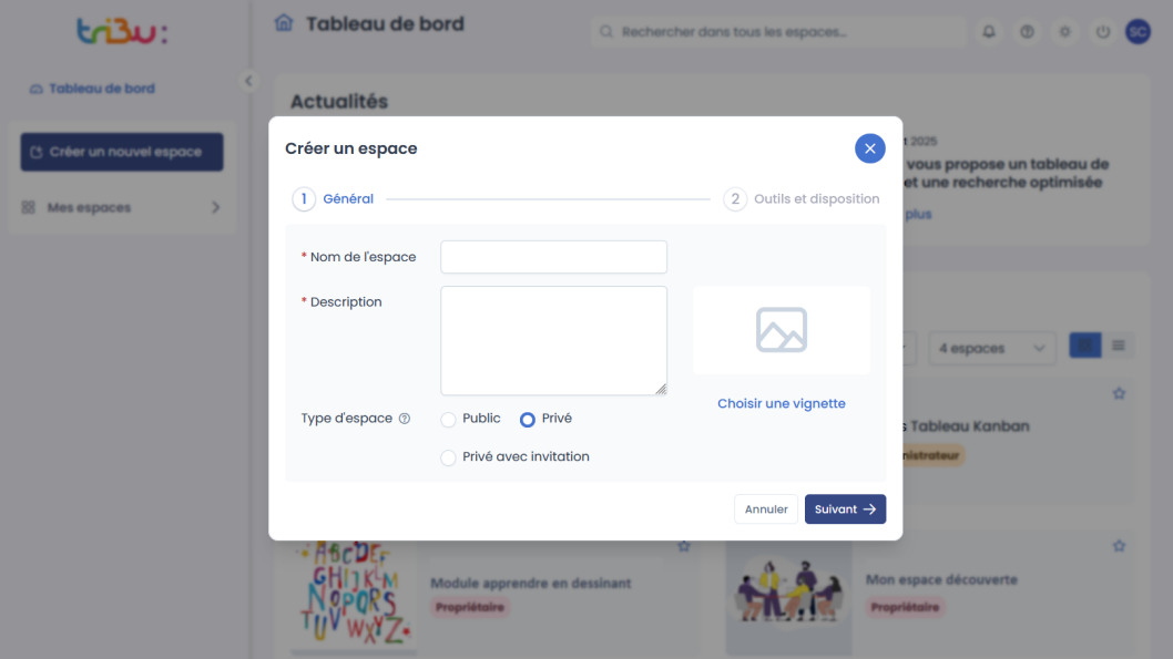 fenêtre modale « Créer un espace »