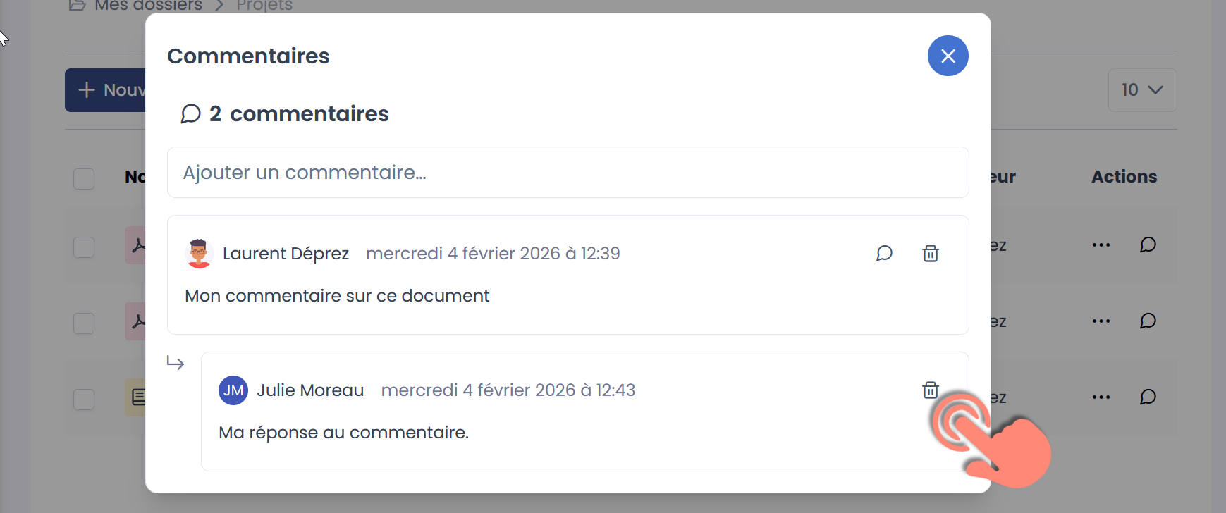 bouton pour supprimer un commentaire