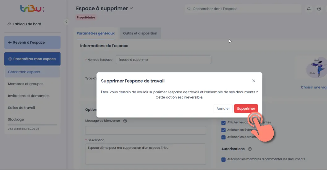 Fenêtre de confirmation de suppression